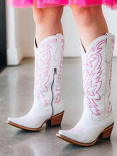 Pink Embroidered Snip Toe Zip Western Mid Calf Boots In White